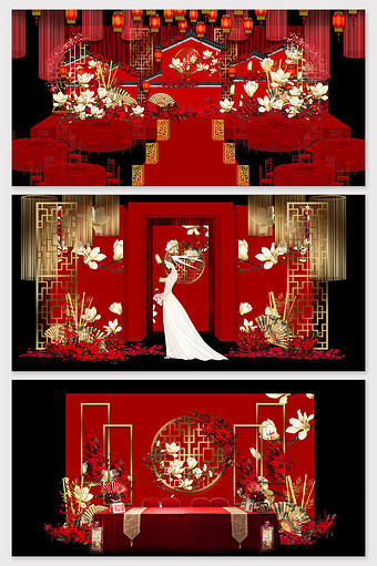 新中式红色大气喜庆婚礼舞台效果图图片