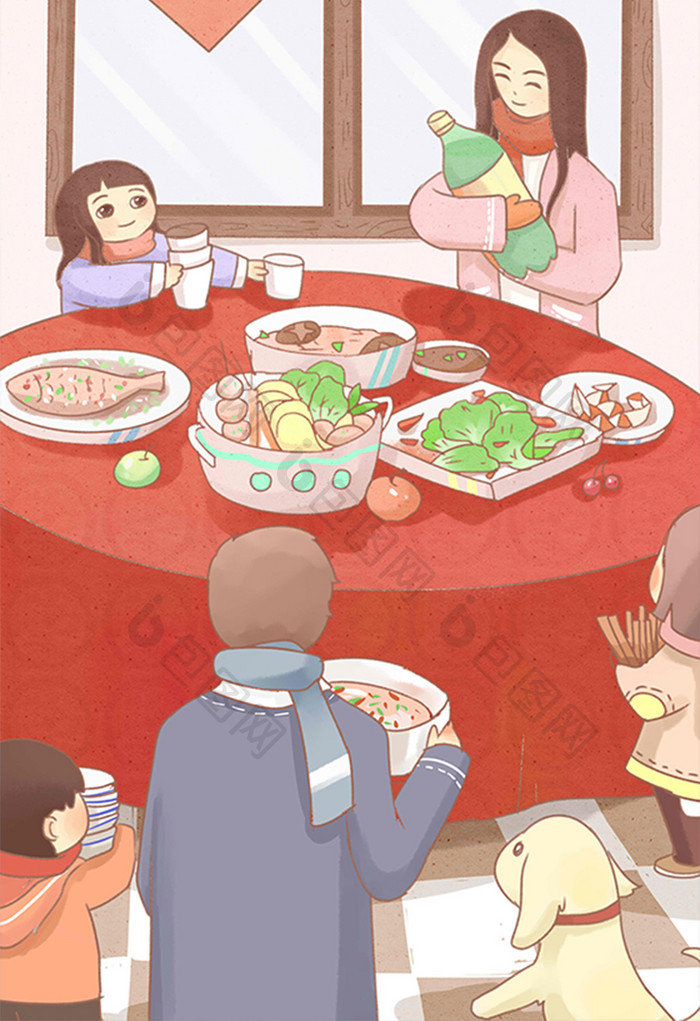 春节过新年家人团聚过年吃饭插画