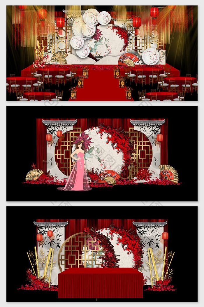 新中式红色喜庆婚礼舞台效果图
