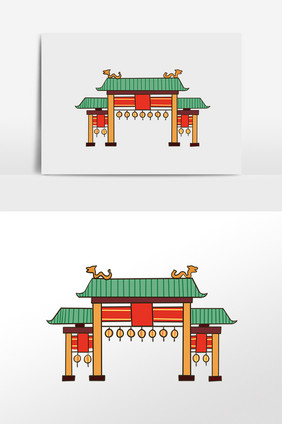 手绘著名建筑门楼插画