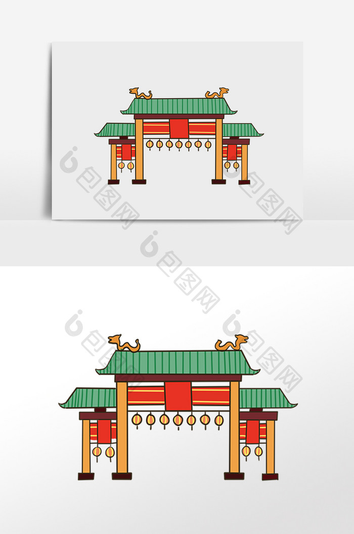 手绘著名建筑门楼插画