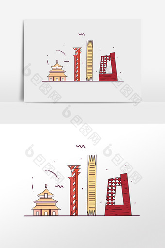 手绘景点著名建筑物插画图片