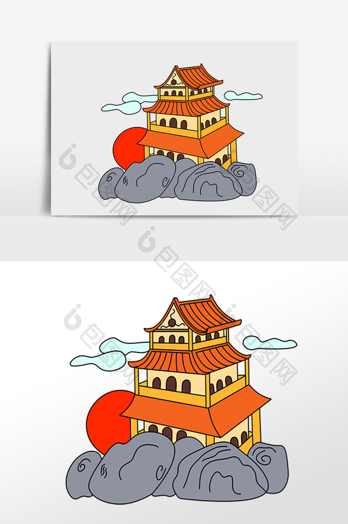 手绘卡通城市景点建筑插画