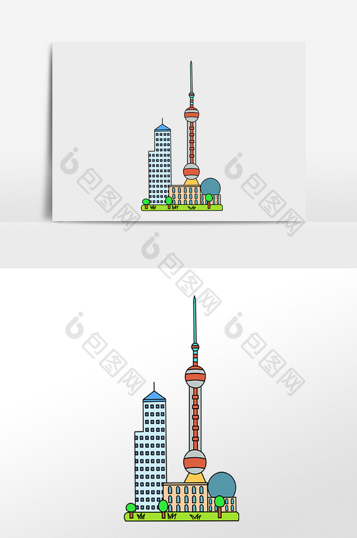 手绘卡通上海景点建筑插画