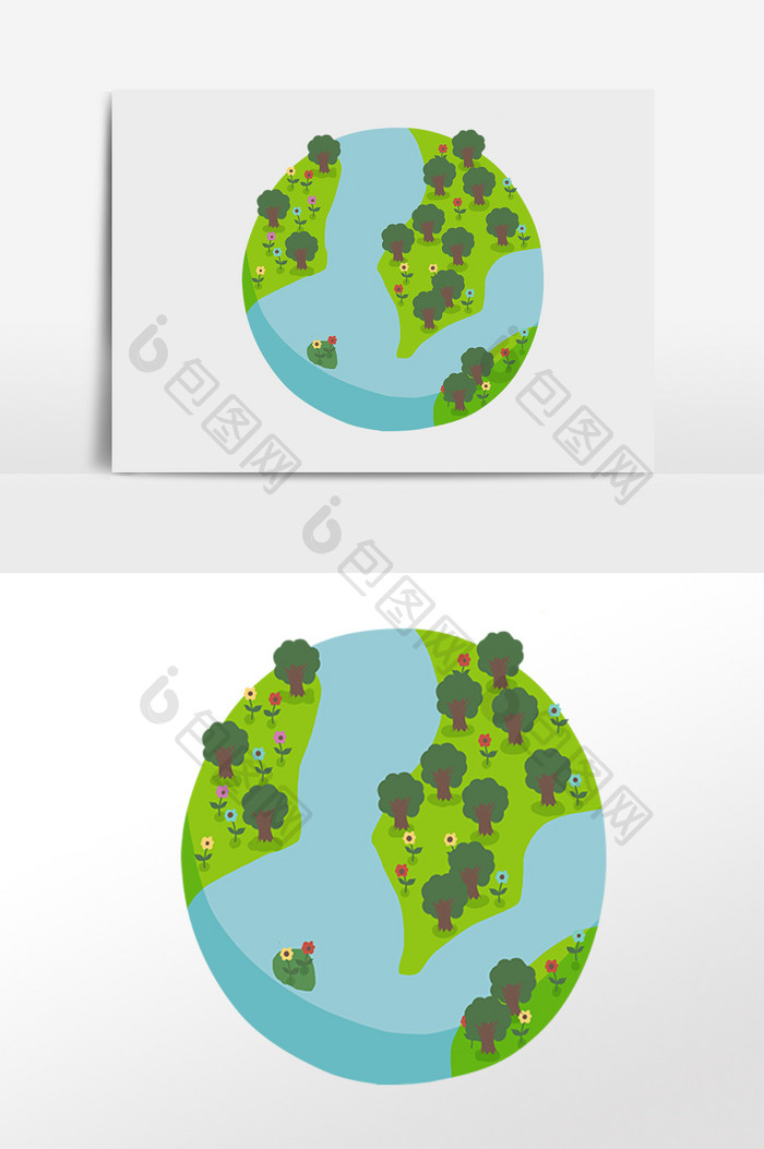 手绘绿色树木装饰地球插画