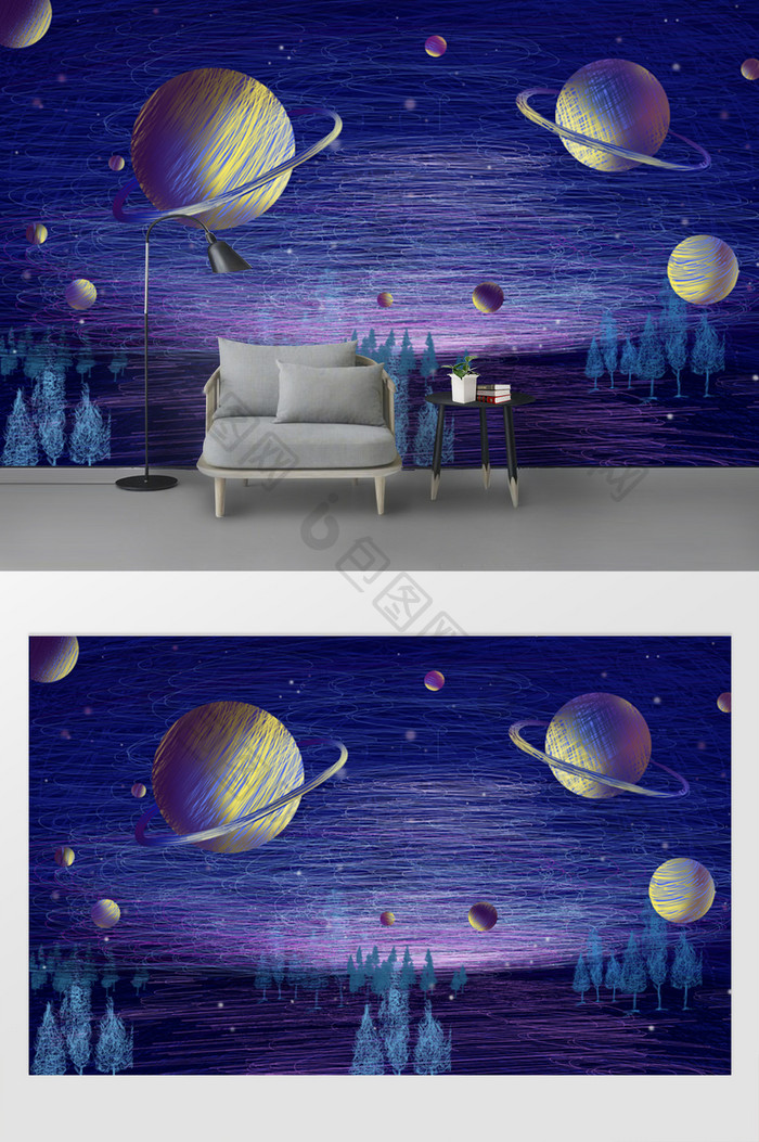 现代时尚手绘线条宇宙星空梦幻电视背景墙