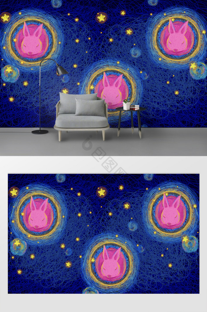 现代时尚手绘艺术圆圈粉红小兔电视背景墙图片