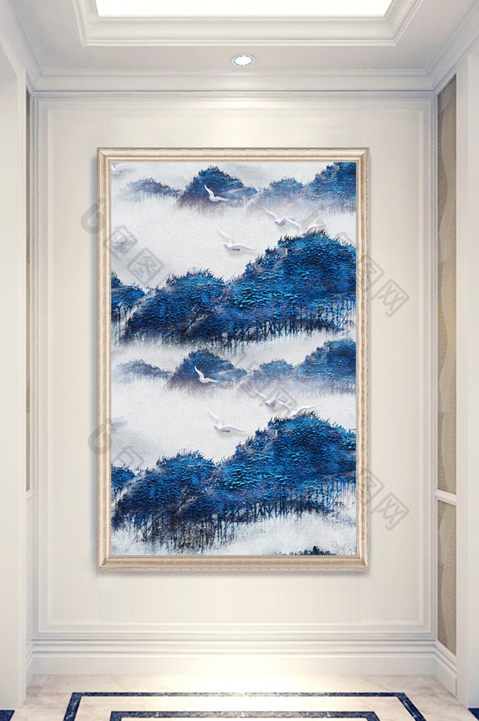 中式手绘白鹭抽象蓝色森林山水画玄关装饰画