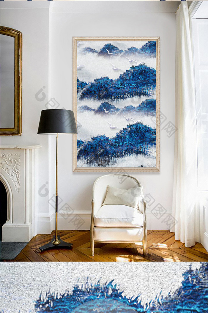 中式手绘白鹭抽象蓝色森林山水画玄关装饰画