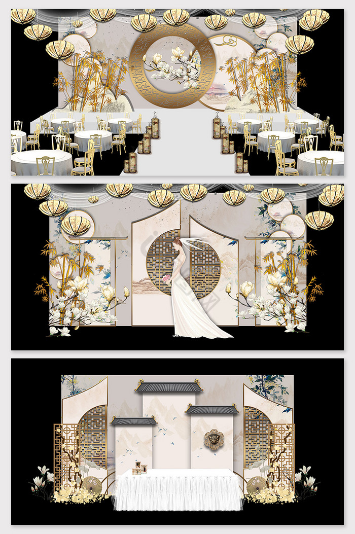 新中式现代简约唯美婚礼舞台布置效果图图片