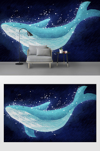 手绘梦幻鲸鱼动物插画儿童房电视背景墙图片