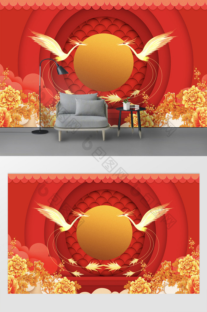 现代创意新年红富贵金色花卉凤凰电视背景墙