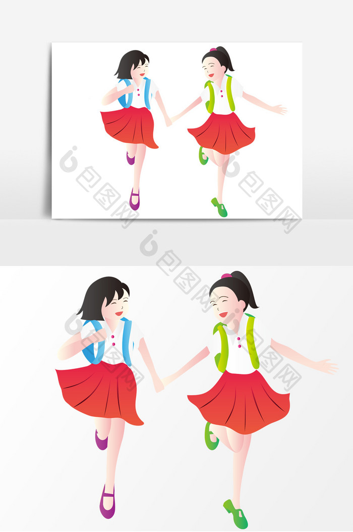 开学季两个女孩学生校服背书包上学卡通元素