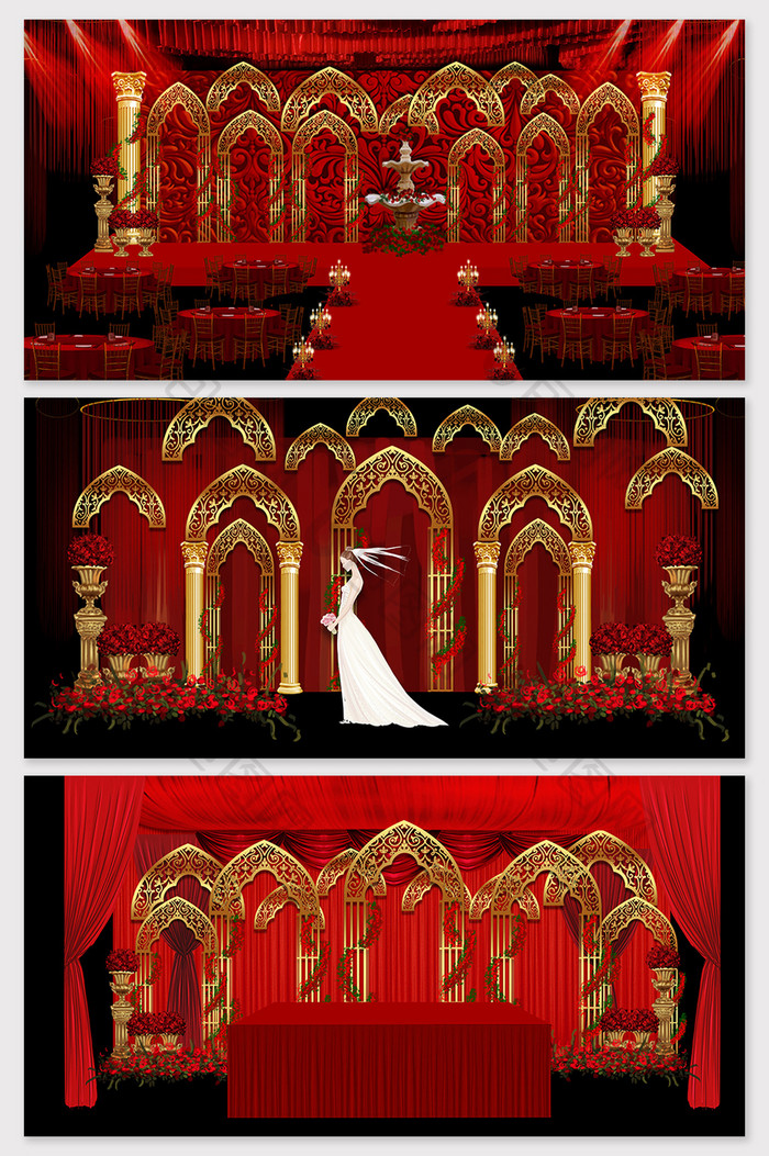 奢华大气红金教堂欧式婚礼舞台效果图