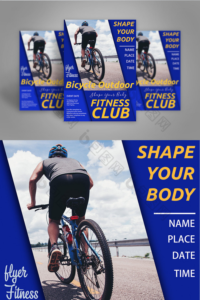 健身户外自行车俱乐部蓝色斜体运动体色感宣传单