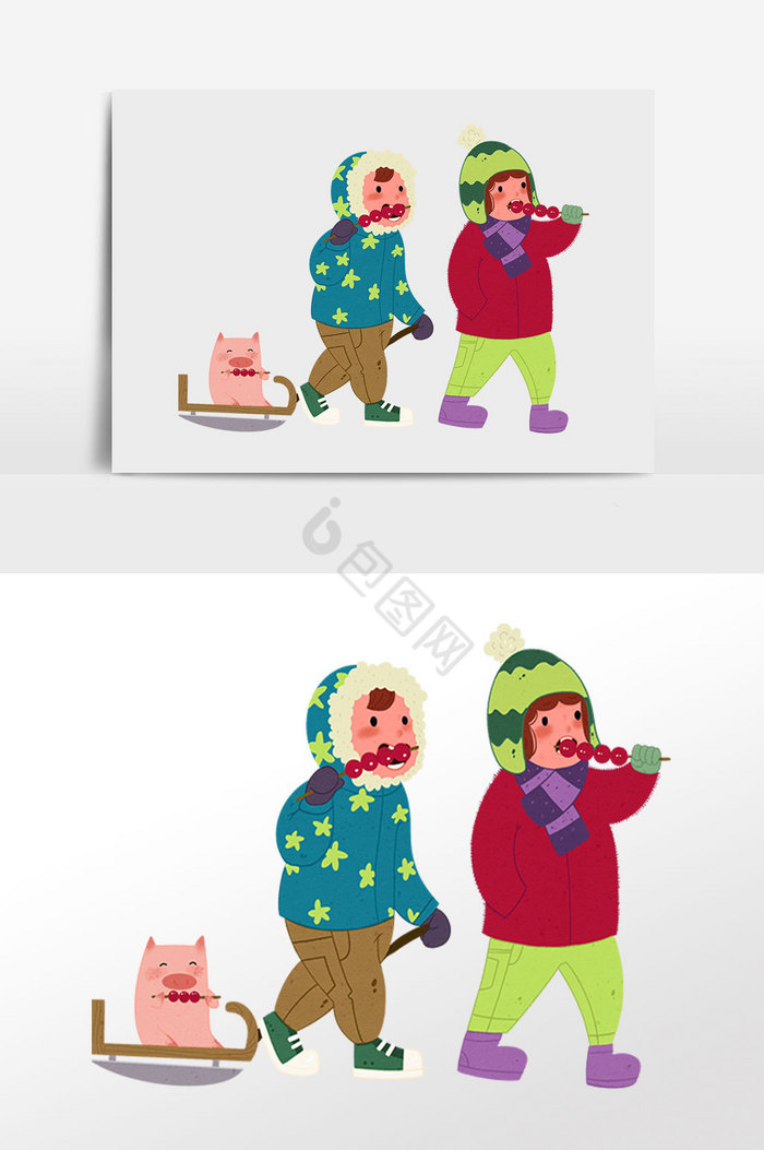 春节吃糖葫芦的小朋友插画图片