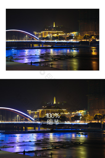 红色紫色蓝色大桥余晖夜景摄影图片