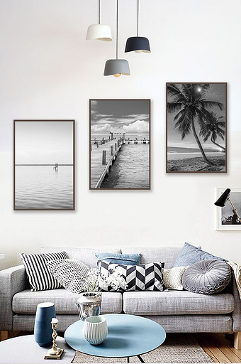 北欧风黑白树木海岸线风景客厅卧室装饰画图片