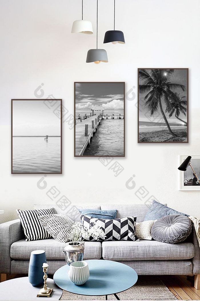 北欧风黑白树木海岸线风景客厅卧室装饰画图片图片