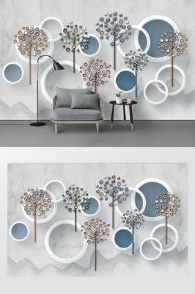 现代时尚3D立体圆圈花朵花枝水墨山背景墙