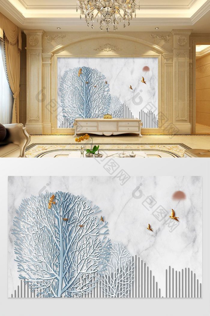 现代时尚白色发财树立体鸟太阳客厅背景墙