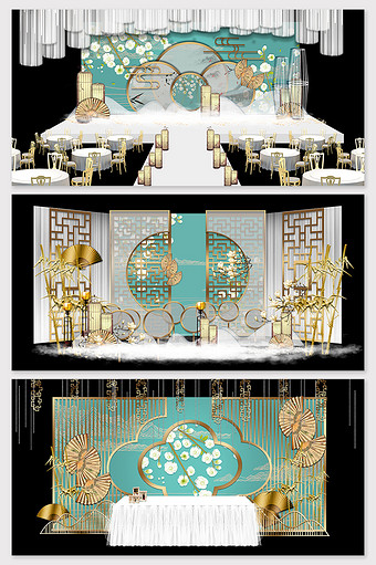 新中式湖蓝色唯美婚礼舞台效果图图片