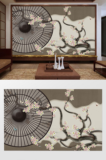 新中式雨伞玉兰花工笔花鸟背景墙图片