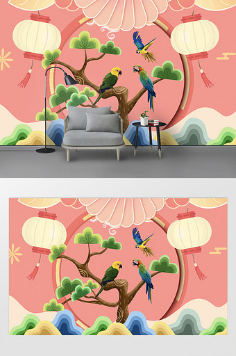 现代创意吉祥树鹦鹉电视背景墙图片