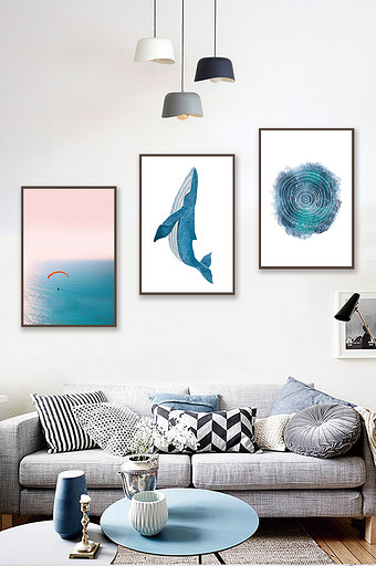北欧风手绘鲸鱼年轮大海风景客厅酒店装饰画图片