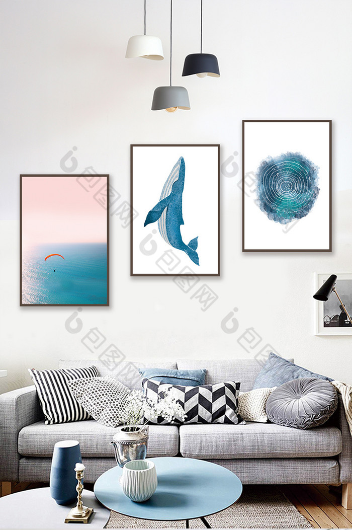 北欧风手绘鲸鱼年轮大海风景客厅酒店装饰画图片图片
