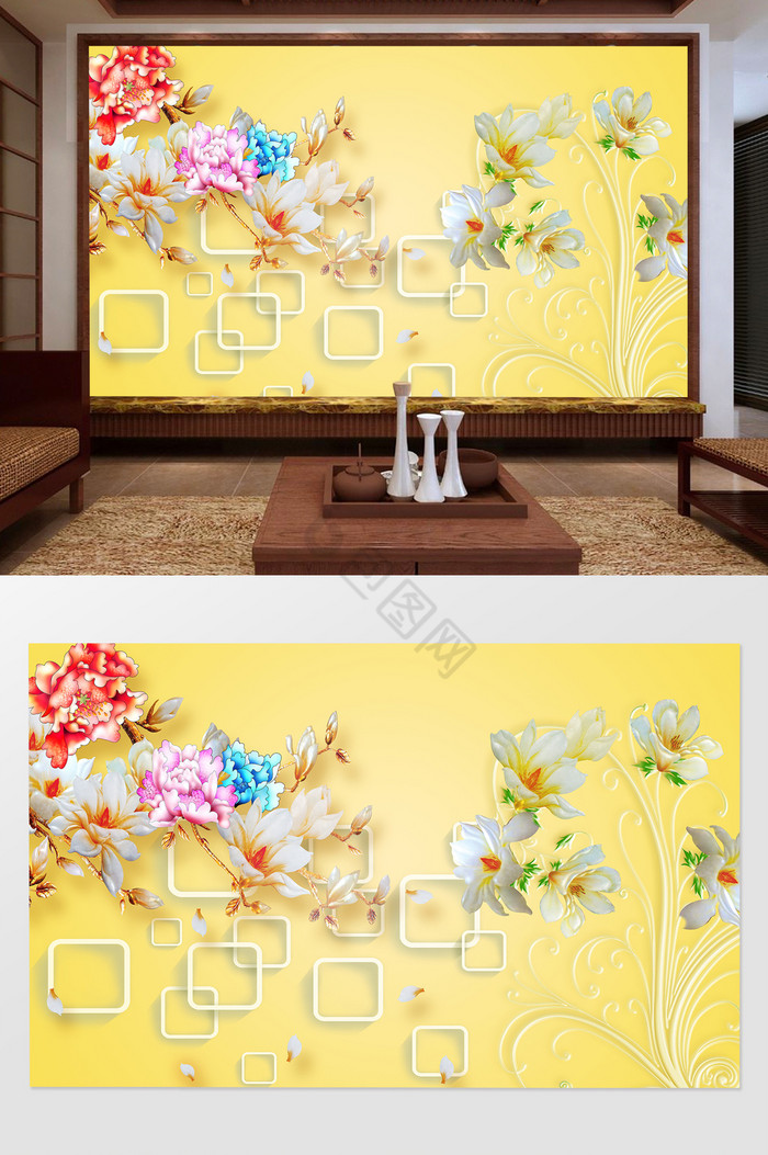 中式黄金墙富贵花背景墙图片