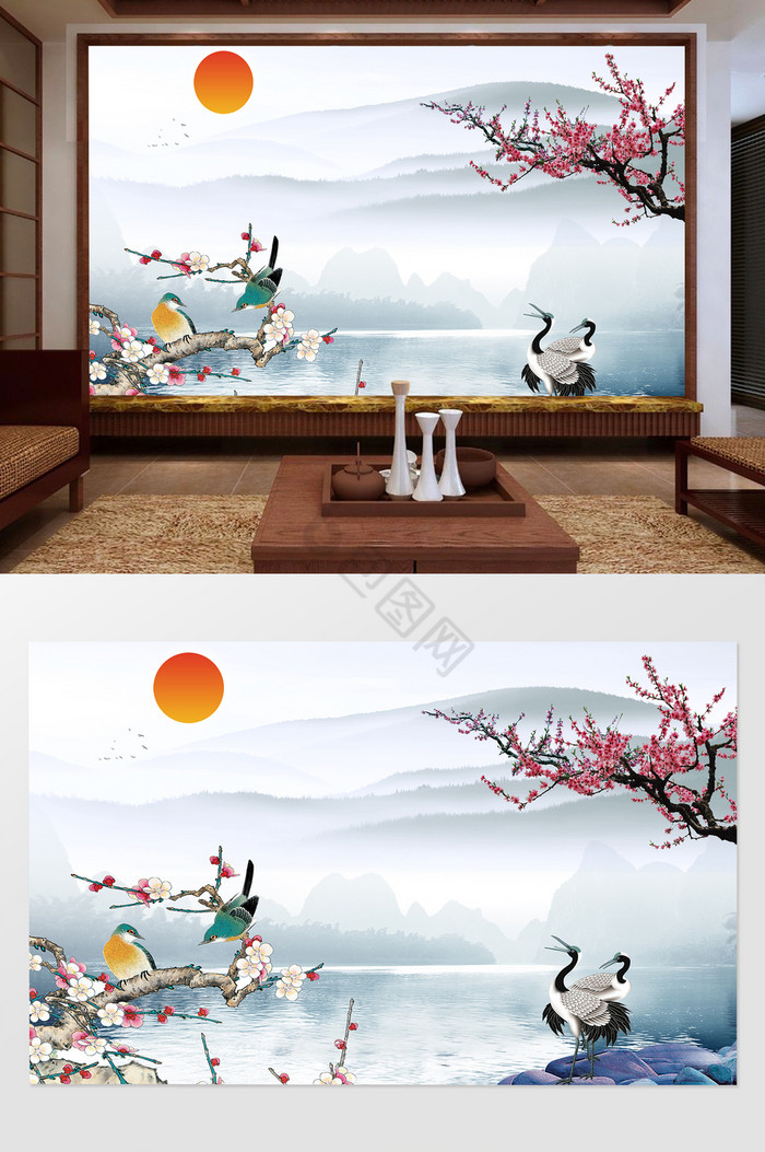 中式水墨日出清水白鹤梅花背景墙图片