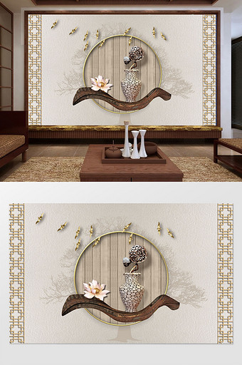 中式简洁花瓶莲花树金色鸟现代时尚背景墙图片