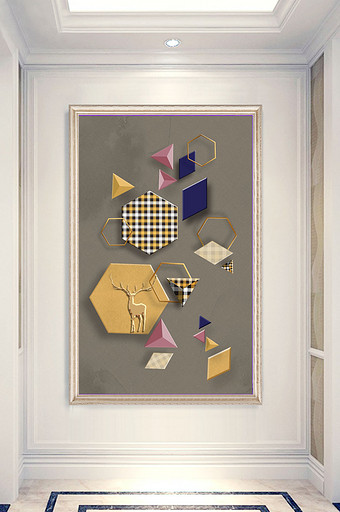 现代时尚抽象几何图形格子麋鹿金色格子玄关图片
