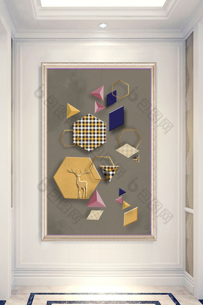 现代时尚抽象几何图形格子麋鹿金色格子玄关