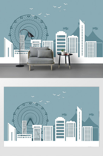 现代时尚抽象城市背景摩天轮鸟剪纸背景墙图片
