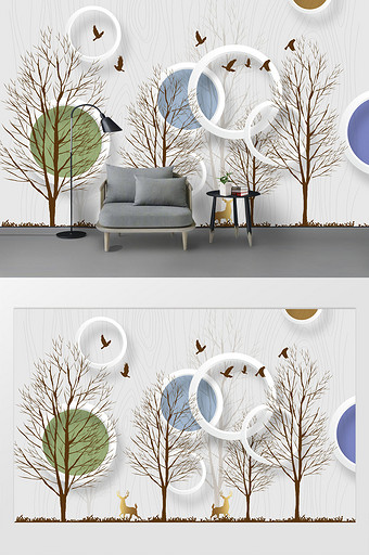 现代简约时尚3D立体圆圈树林金色鹿背景墙图片