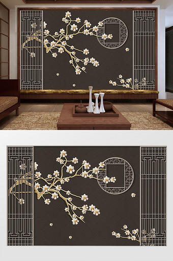 中式大气古典花枝窗格窗花深色背景墙图片