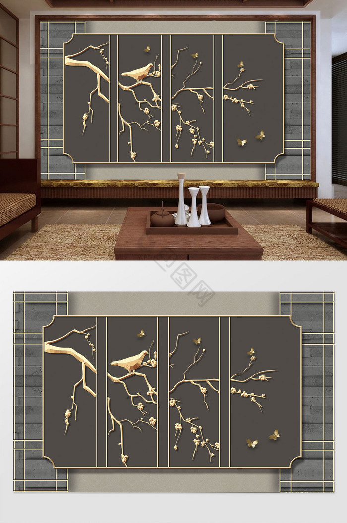 中式大气金色花枝鸟铁艺灰色客厅背景墙图片
