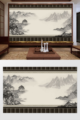 新中式复古水墨山水现代边框背景墙图片