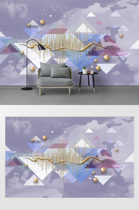 现代个性涂鸦几何图形金色线珍珠紫色背景墙