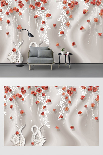 现代时尚红色玫瑰花抽象花藤天鹅丝绸背景墙图片