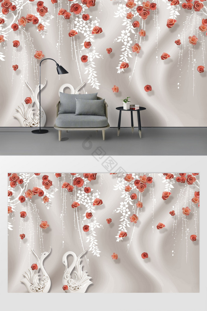 现代时尚红色玫瑰花抽象花藤天鹅丝绸背景墙图片