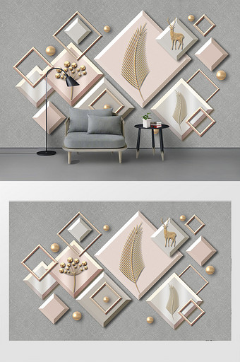 现代时尚抽象几何图形金色叶子麋鹿背景墙图片