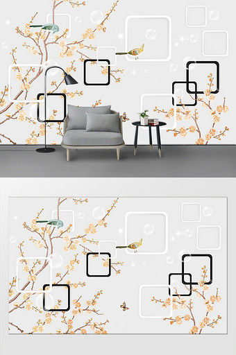 3D立体框框工笔花鸟图电视背景墙图片