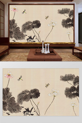 新中式水墨荷花国画客厅卧室背景墙图片