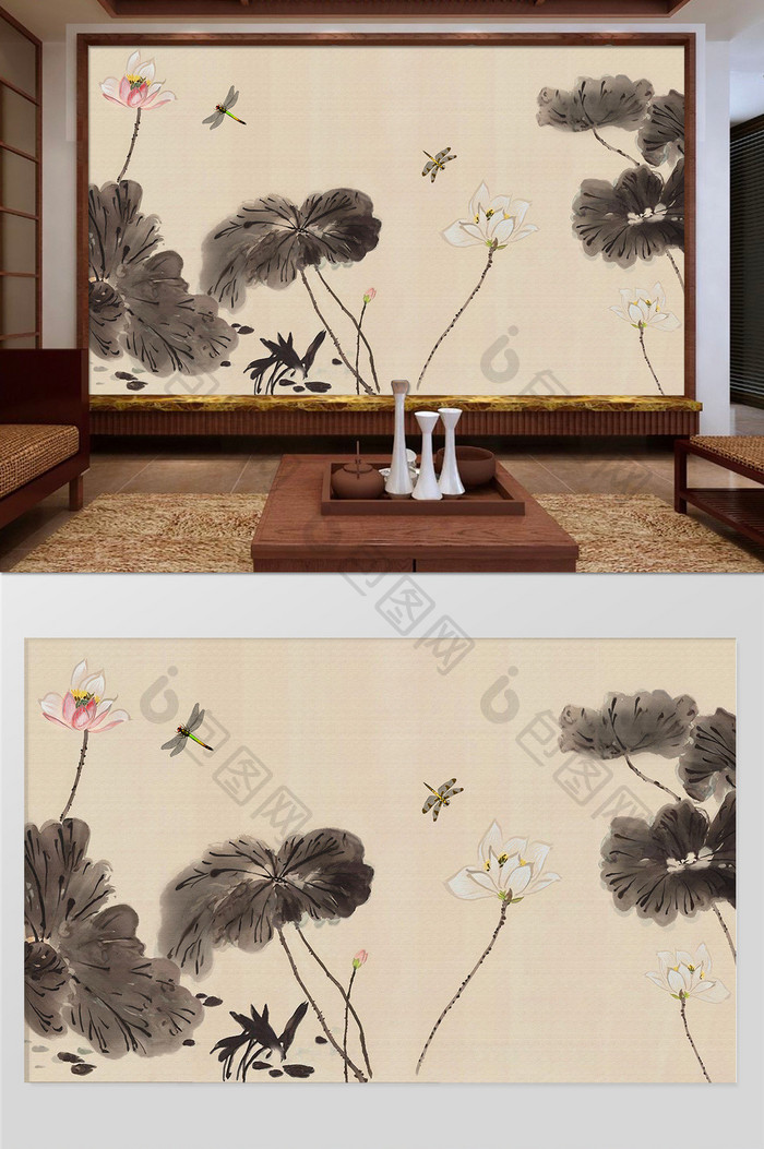 新中式水墨荷花国画客厅卧室背景墙