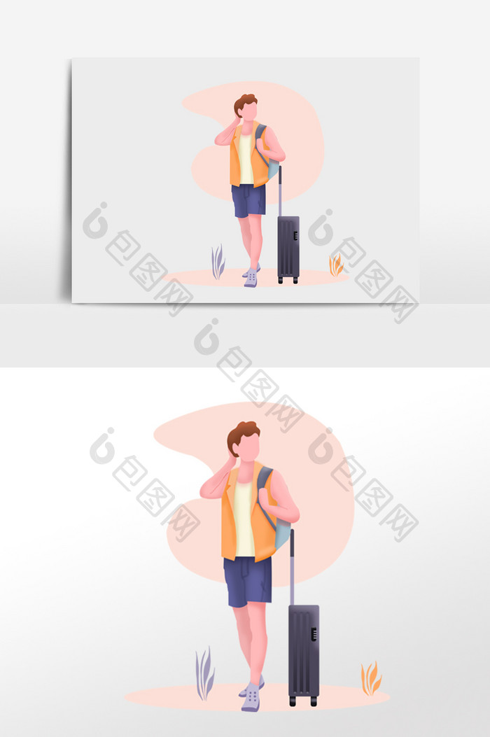 橙色扁平旅行的少年商务出行行李箱