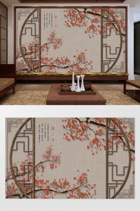中式银杏手绘工笔花鸟背景墙装饰画