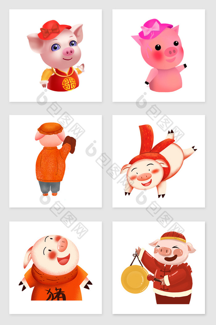 手绘春节的小猪套图插画元素